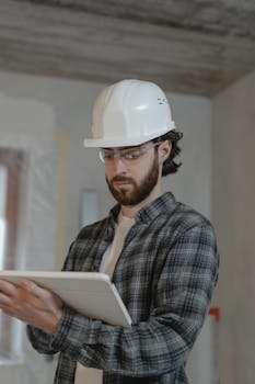 pexels photo 6474492 6474492 Male construction engineer assessing building plans indoors, wearing a hard hat.